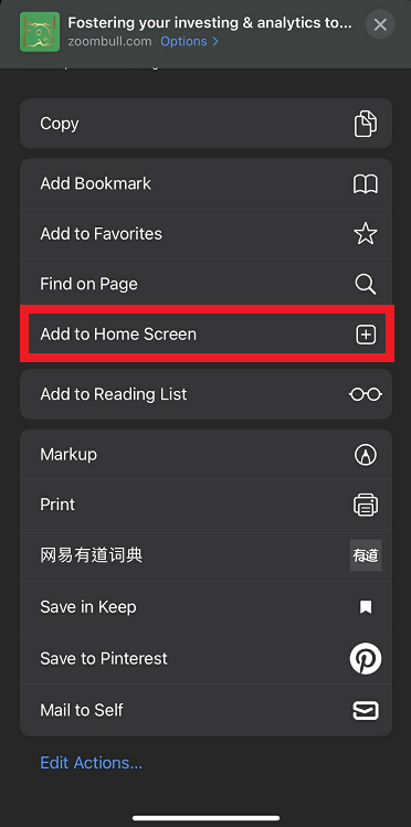 Step 2: Scroll down, Select "Add to Home Screen"
